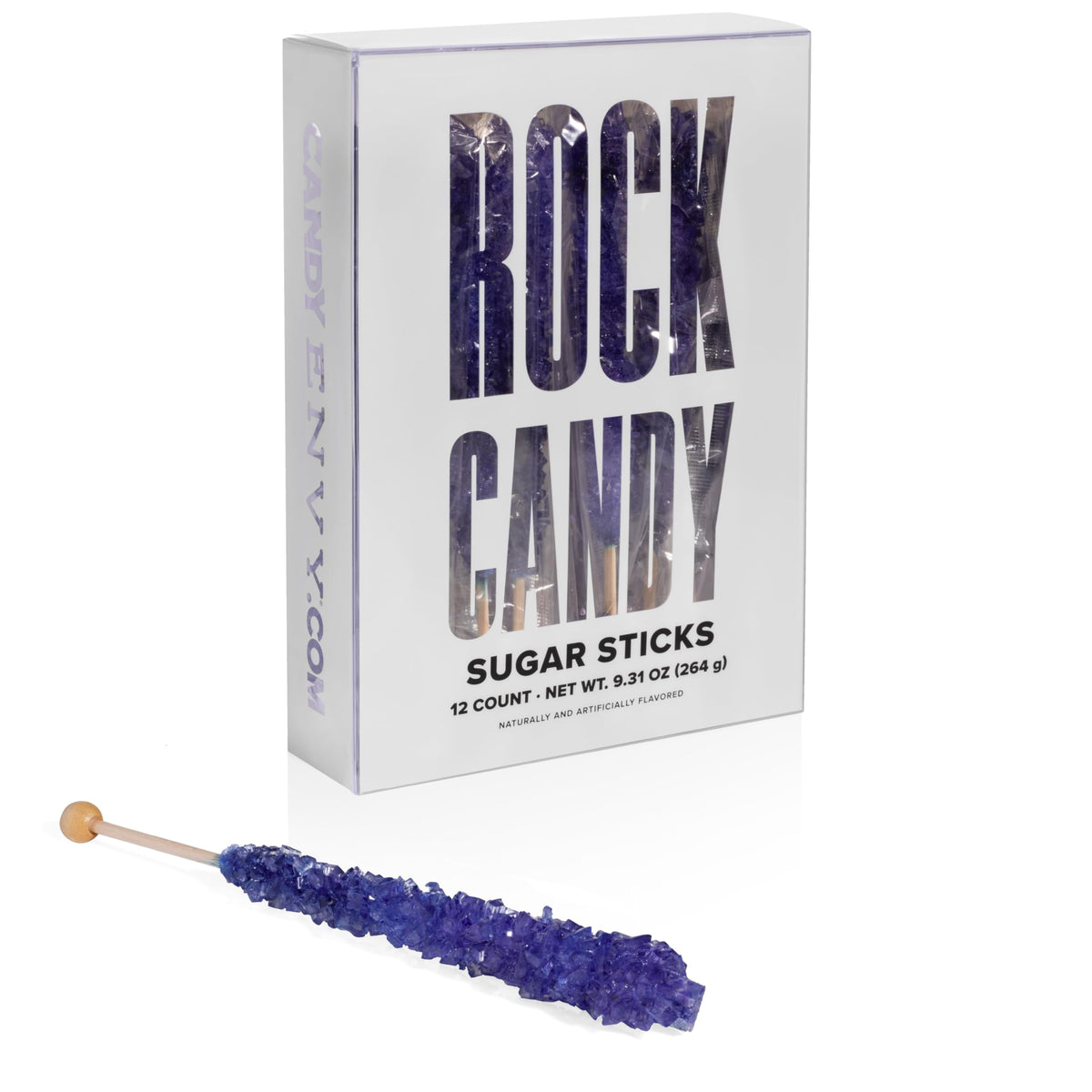Candy Envy Purple Rock Candy Stick in clear wrap, ideal for gifting and sharing