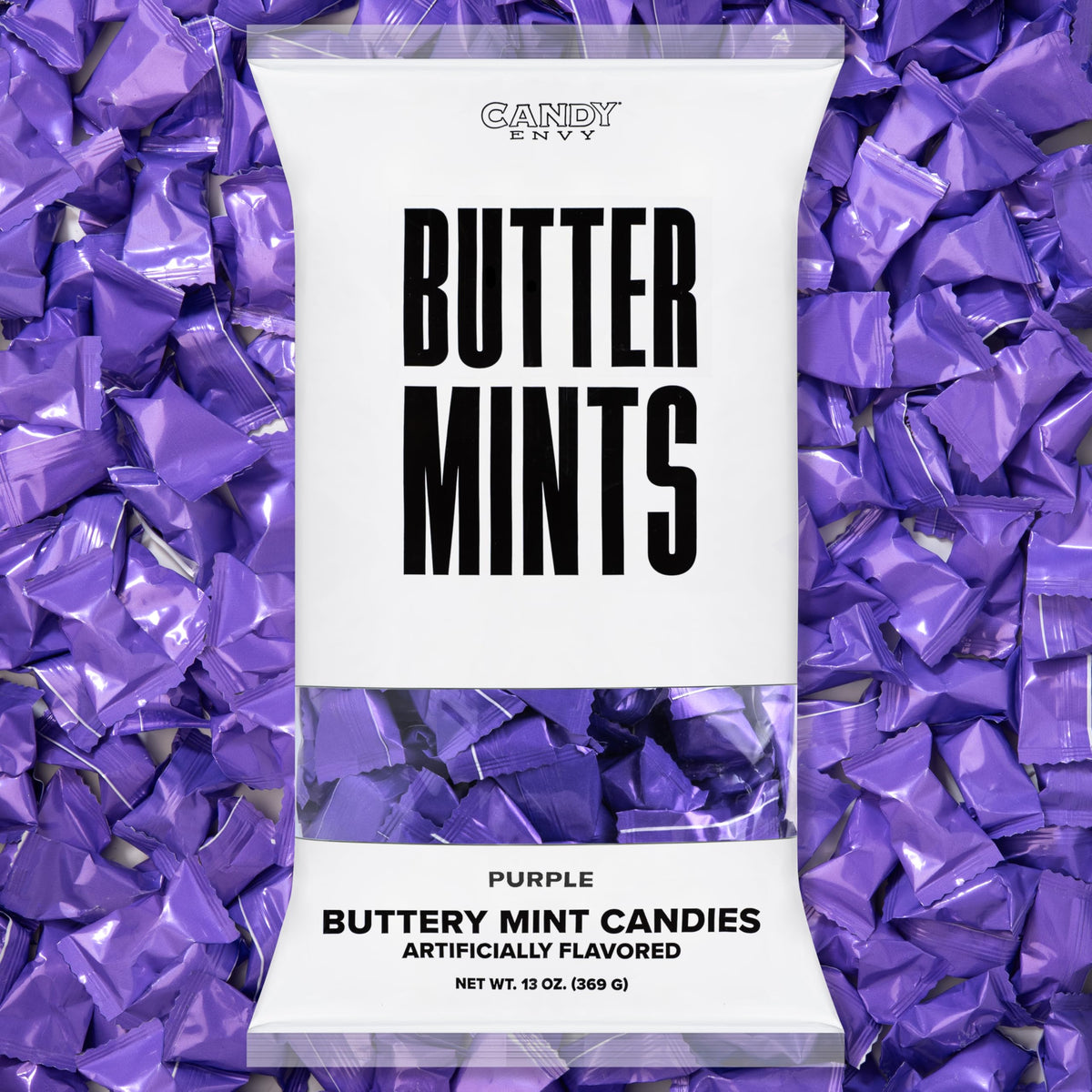 Candy Envy purple-wrapped buttermints in 13oz bag for events