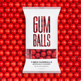 Candy Envy Red Gumballs pack closeup, glossy cherry flavor for celebrations