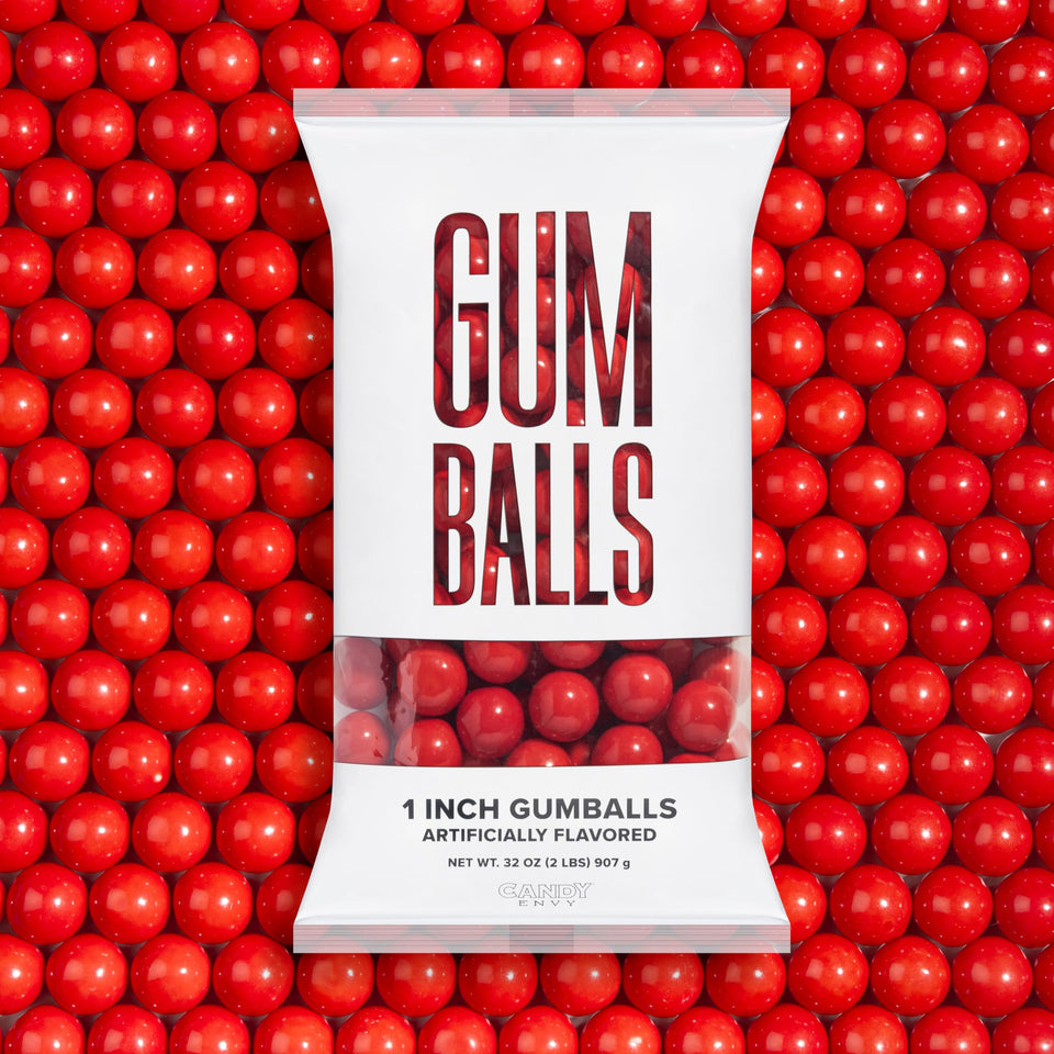 Candy Envy Red Gumballs pack closeup, glossy cherry flavor for celebrations