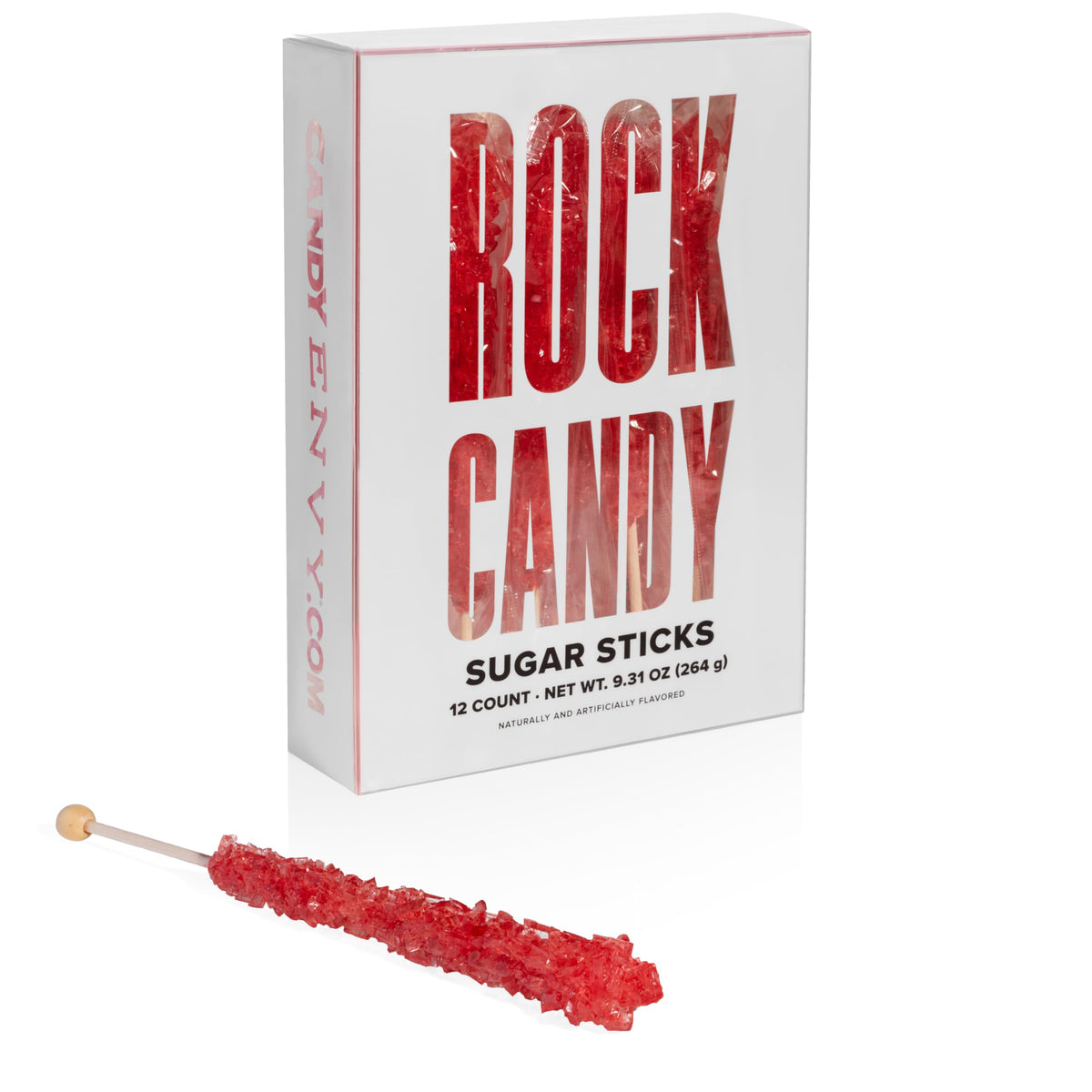 Candy Envy Red Rock Candy Sticks closeup of strawberry flavor, ideal for party favors.