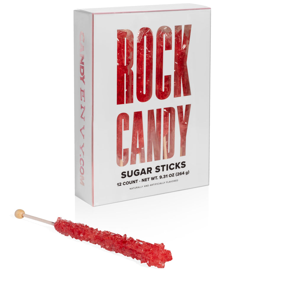 Candy Envy Red Rock Candy Sticks closeup of strawberry flavor, ideal for party favors.