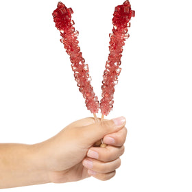 Candy Envy Red Rock Candy Sticks unwrapped, strawberry flavor, ideal for gifts and events.