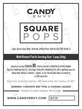 Candy Envy Red Square Pops cinnamon gift-ready package on display