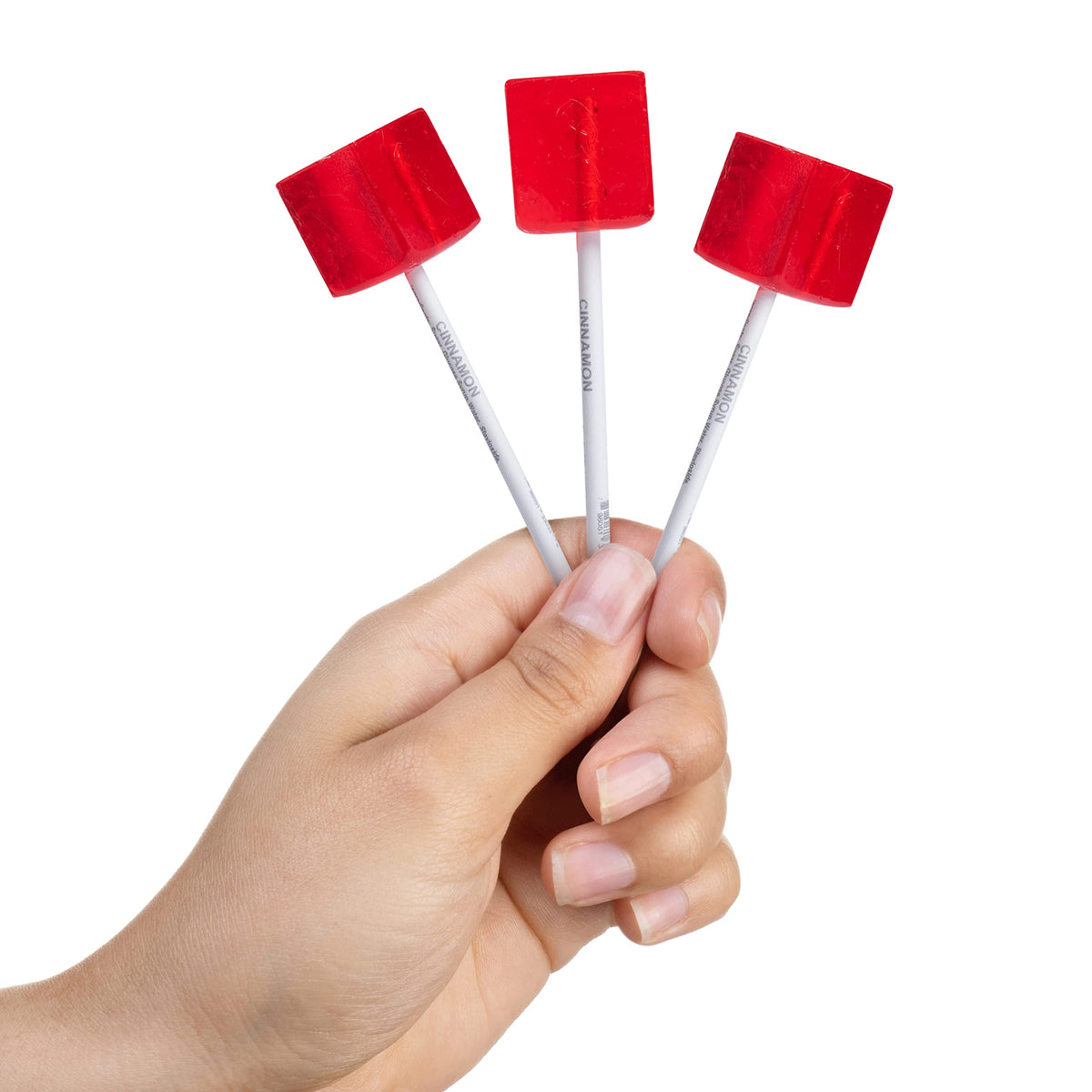 Candy Envy Red Square Pops cinnamon on-stick close-up for tempting snacks