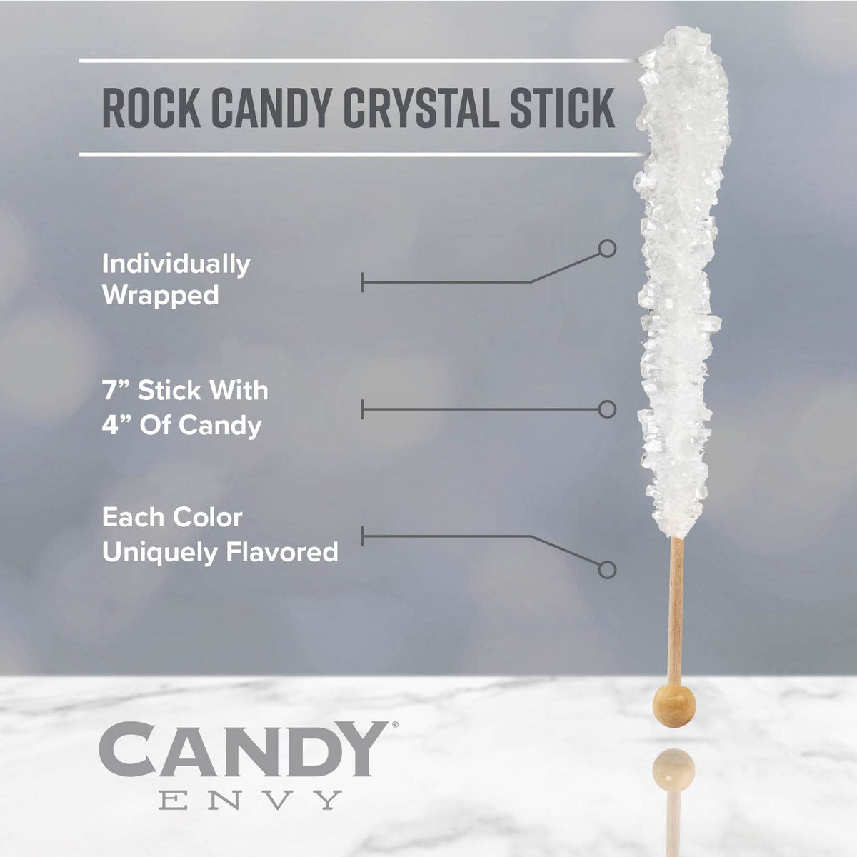 Candy Envy rock candy stick suitable for hot or cold drinks as garnish.