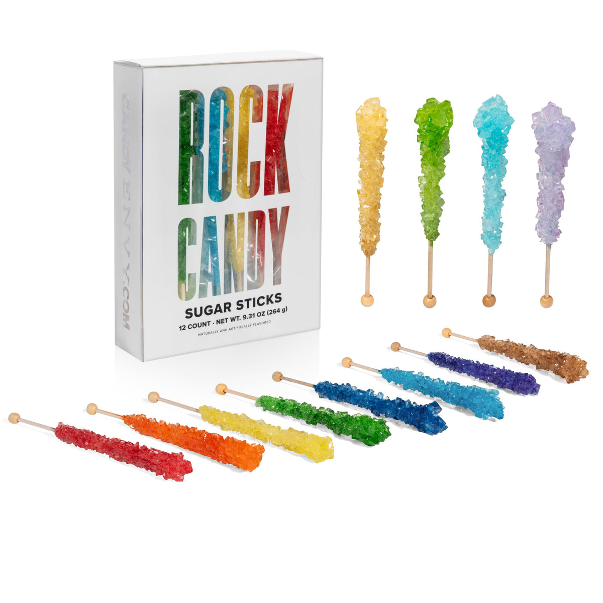Candy Envy rock candy sticks with assorted colors for vibrant party treats.