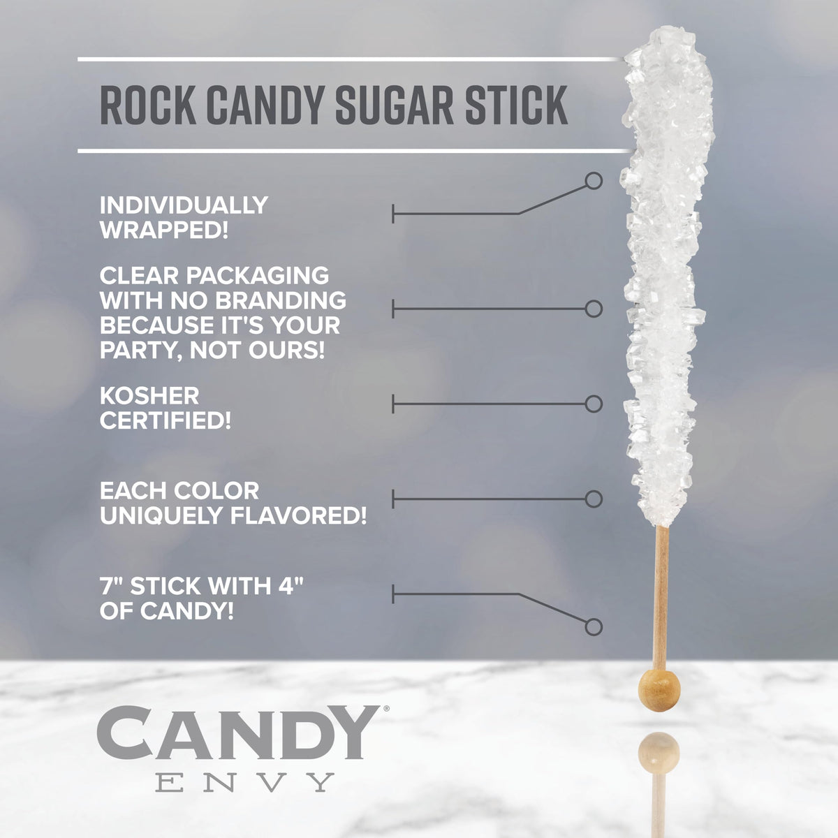 Seven-inch Candy Envy rock candy stick display, perfect centerpiece for dessert tables.