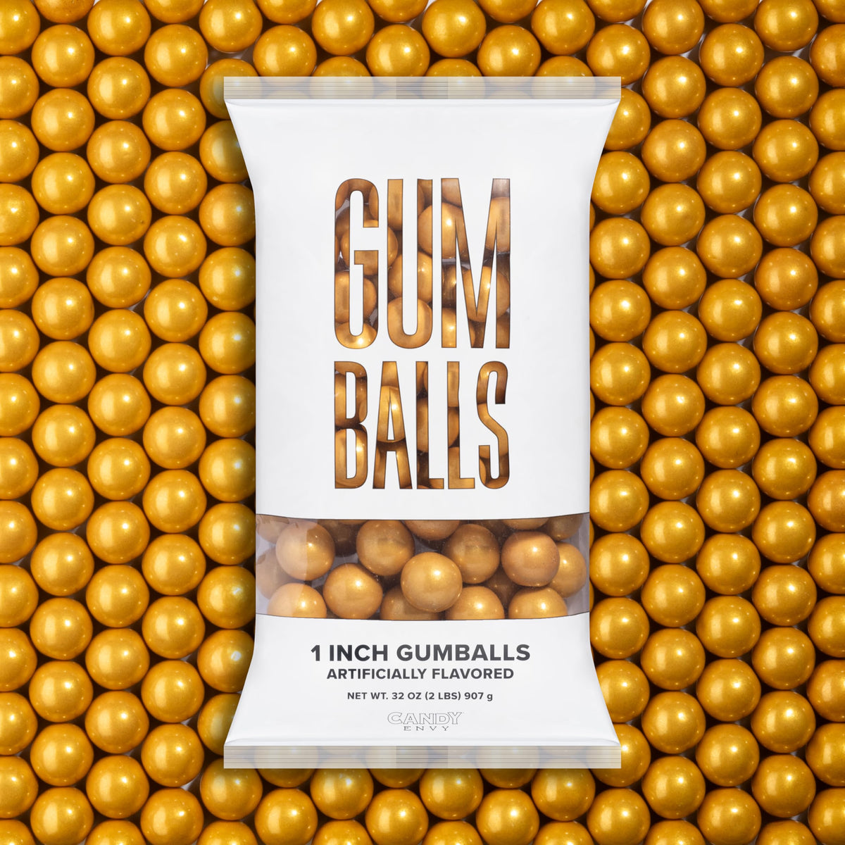 Candy Envy Shimmer Gold gumballs, 1 inch, ideal for party favors.