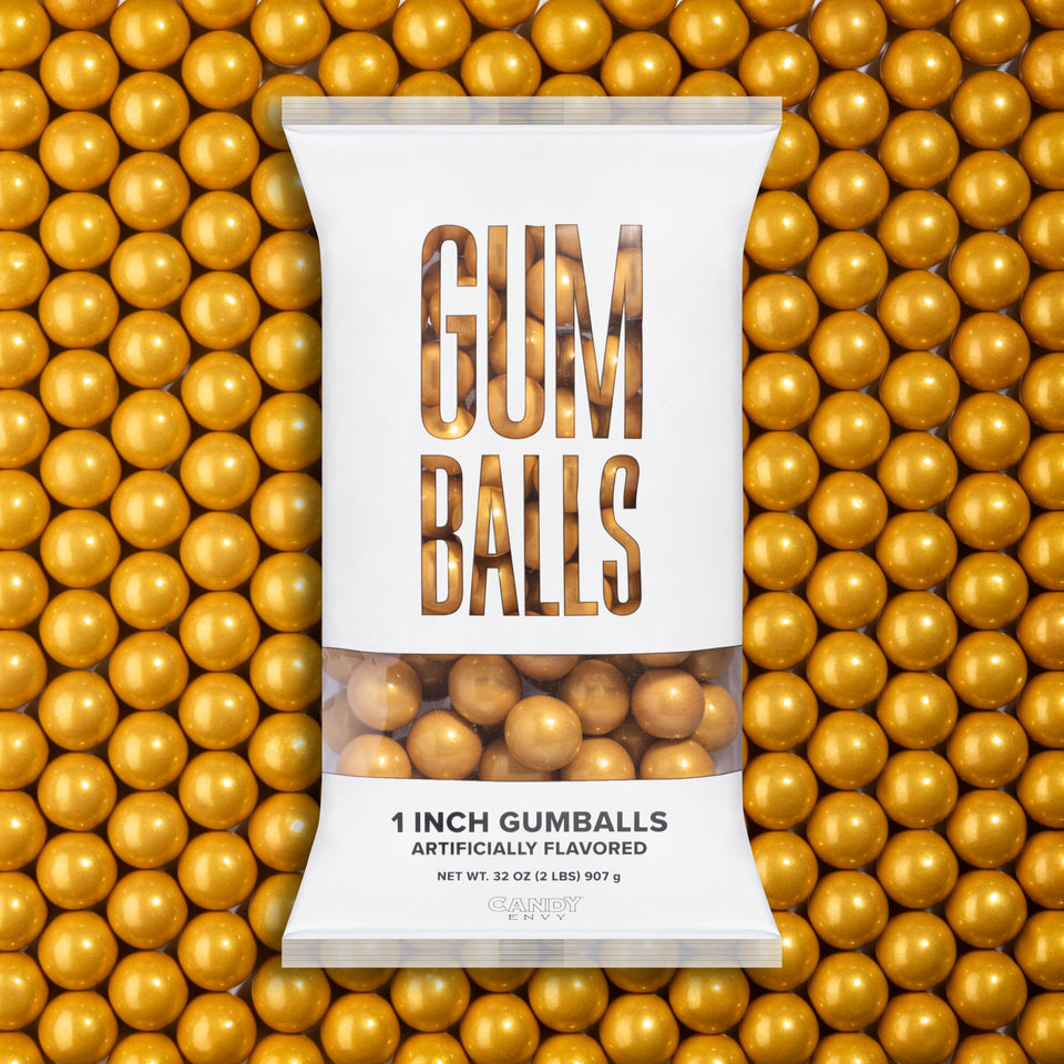 Candy Envy Shimmer Gold gumballs, 1 inch, ideal for party favors.