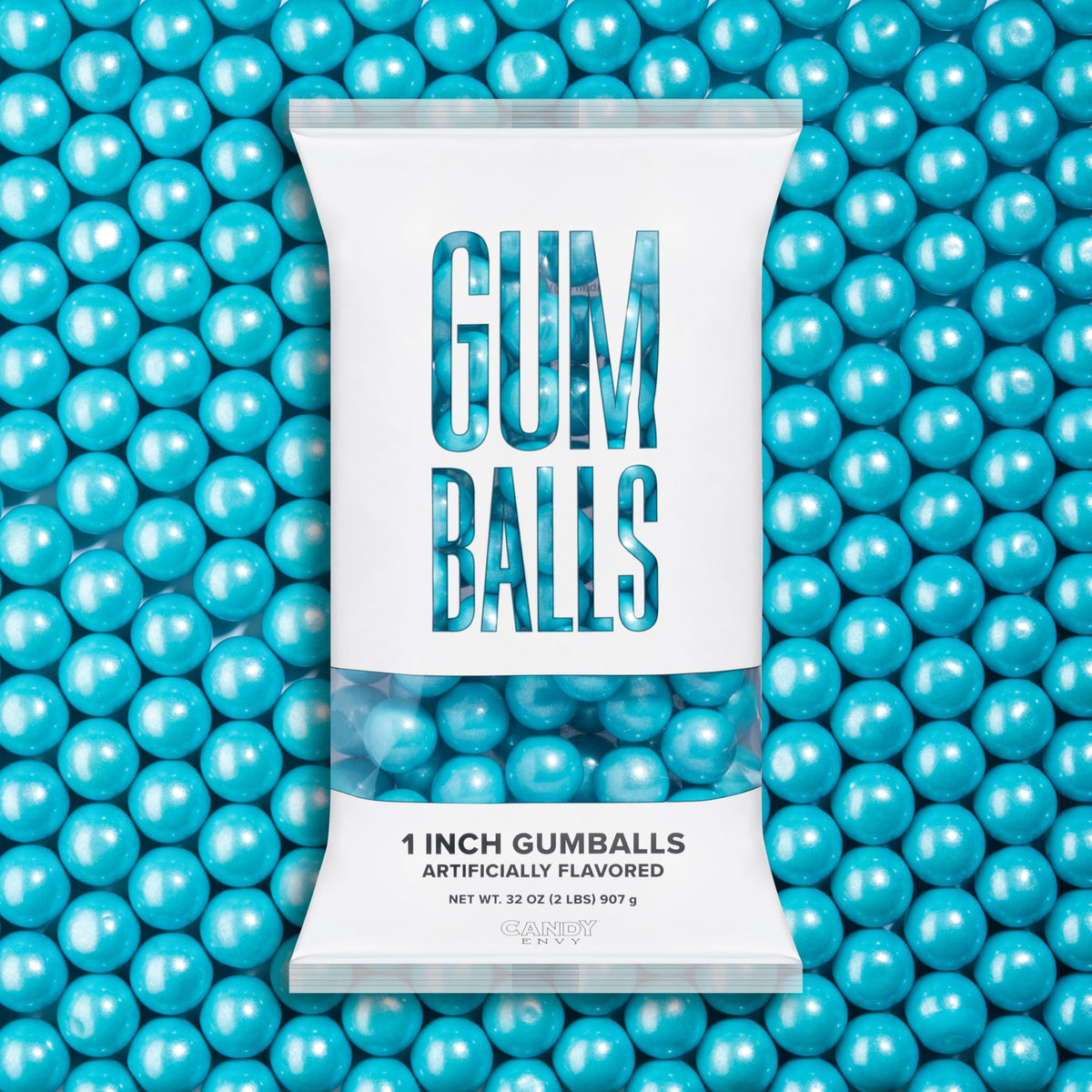 Candy Envy Shimmer Light Blue Gumballs 1 inch bag close-up glossy finish for party snacking