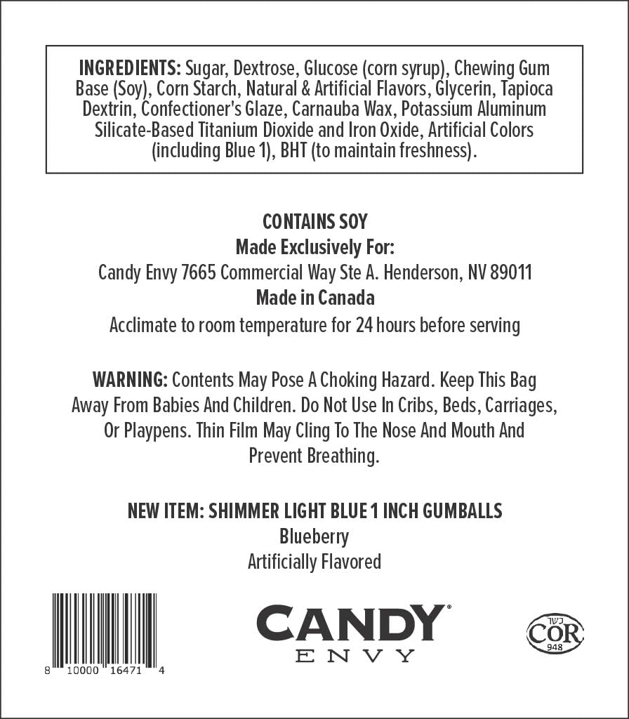 Candy Envy Shimmer Light Blue Gumballs arranged in a bowl for serving
