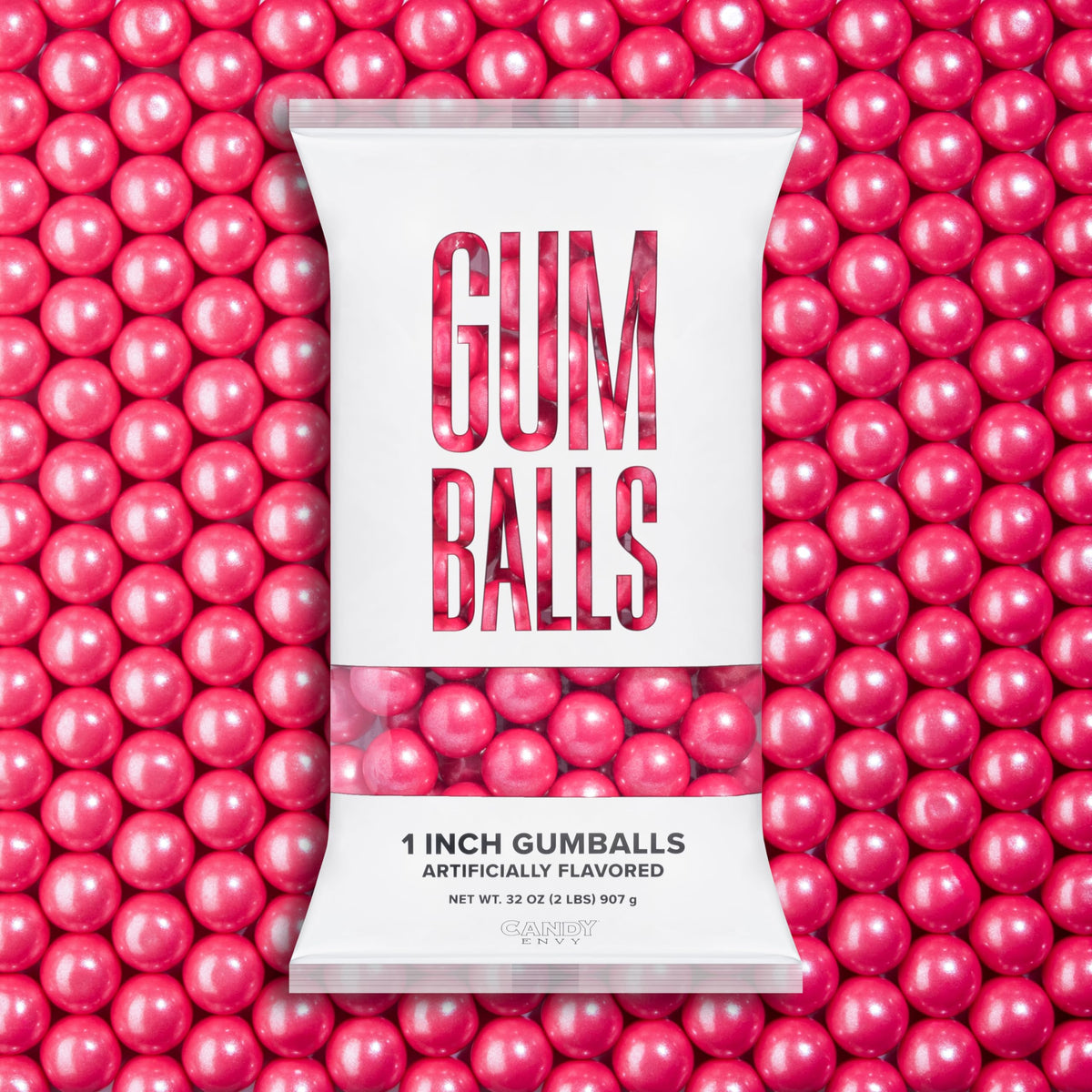 Candy Envy Shimmer Pink Gumballs, 1-inch glossy bite for display.