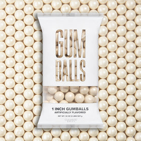 Candy Envy Shimmer White Gumballs 1 Inch closeup with glossy finish for celebrations.