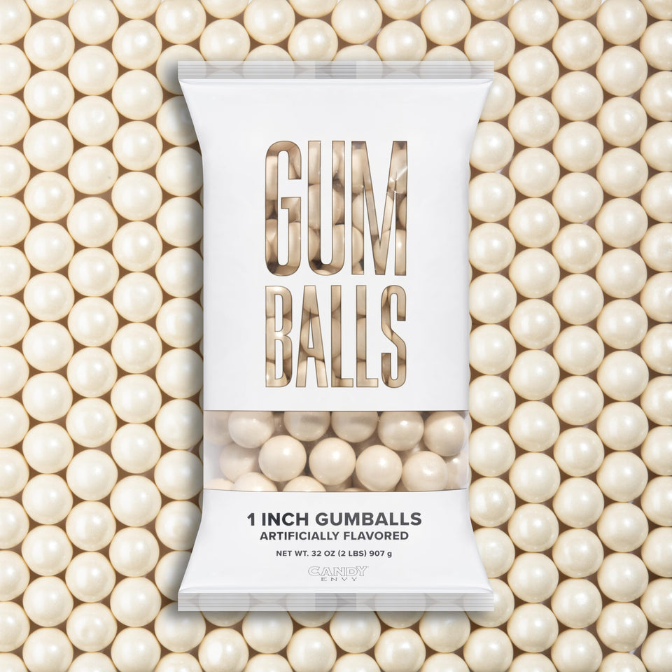Candy Envy Shimmer White Gumballs 1 Inch closeup with glossy finish for celebrations.