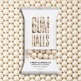Candy Envy Shimmer White Gumballs closeup with glossy finish for party displays.