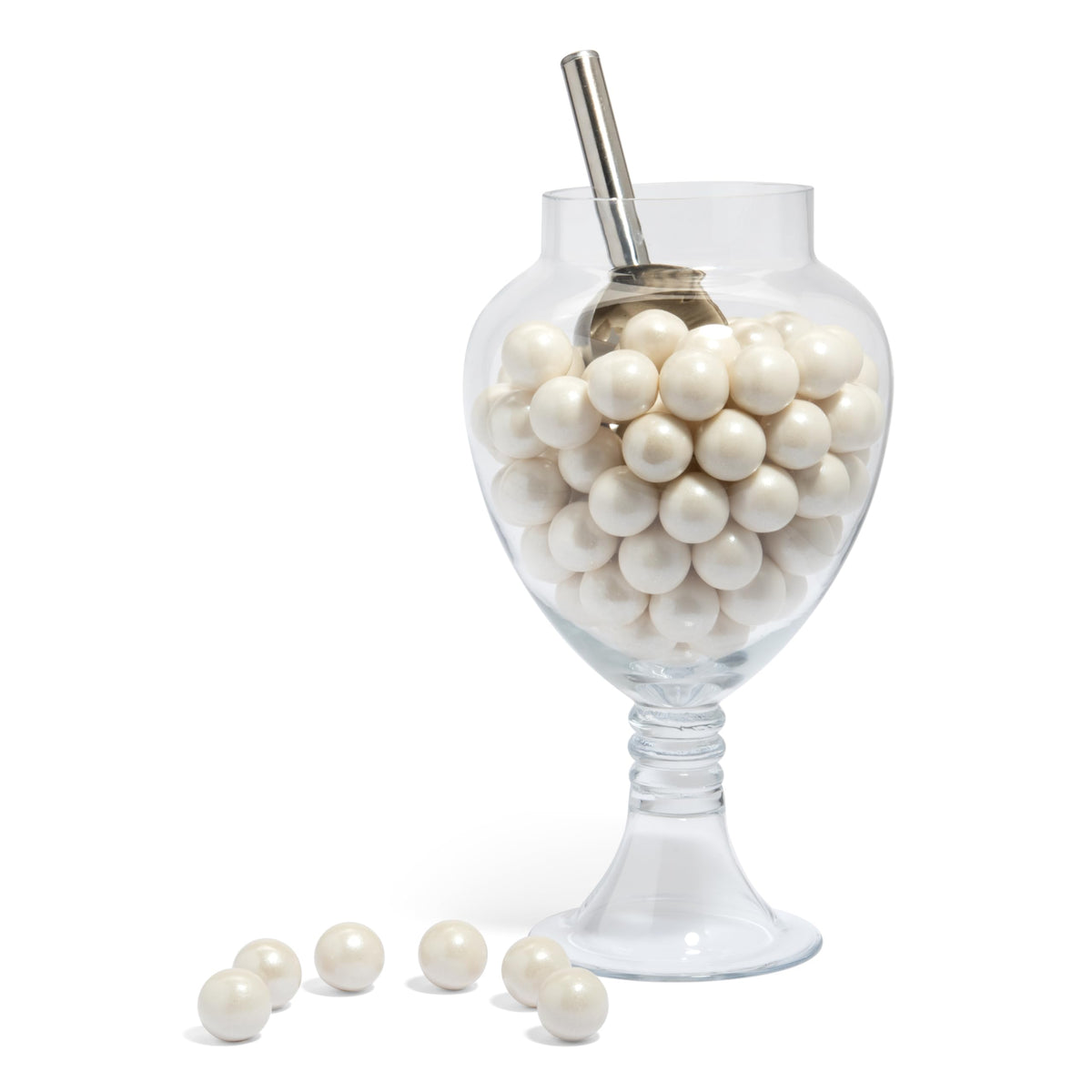 Candy Envy Shimmer White Gumballs in a clear bowl for sharing.