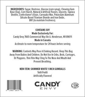 Candy Envy Shimmer White Gumballs with kosher label, trusted for events.