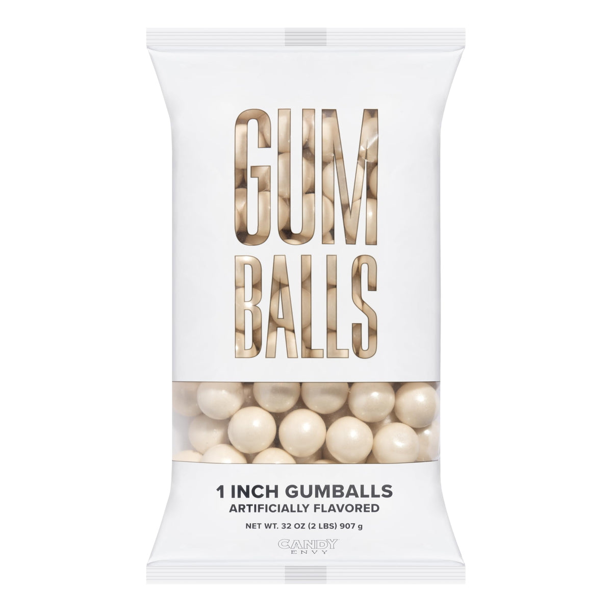 Candy Envy Shimmer White Gumballs in party favor bag.