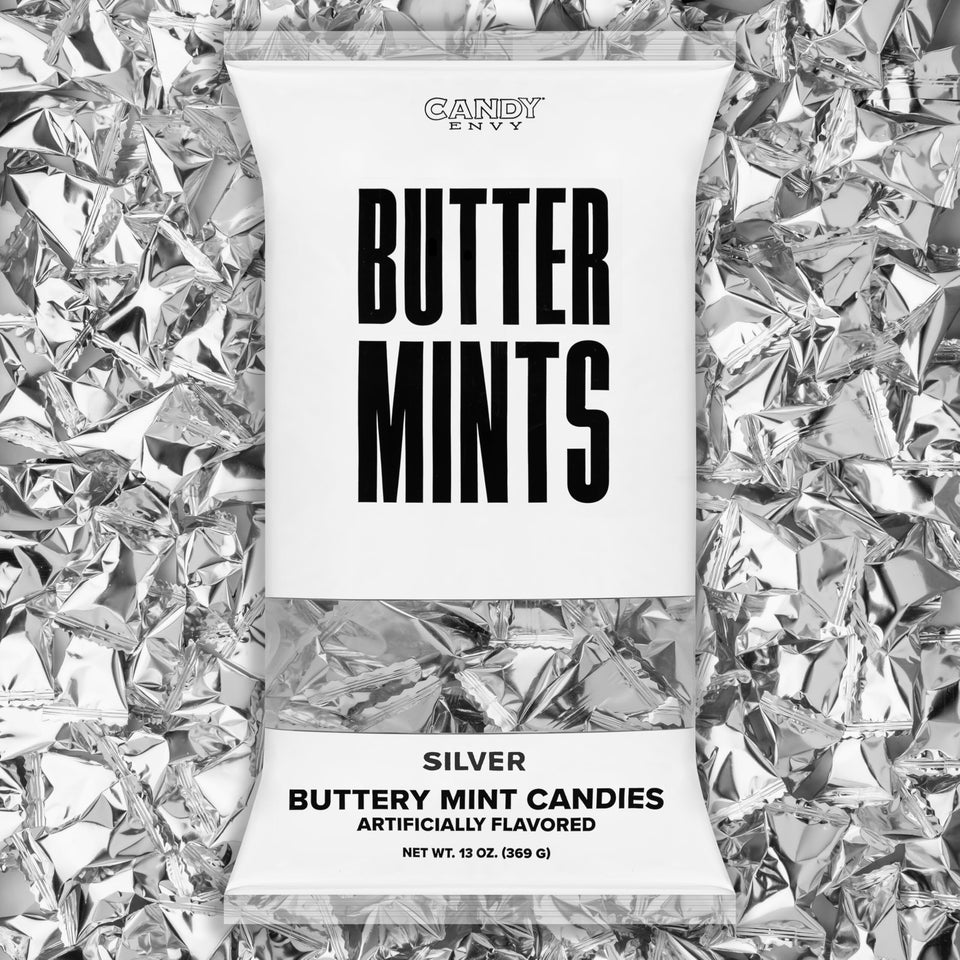 Candy Envy silver-foil buttermints in a 13 oz bag, ideal for elegant dessert tables.