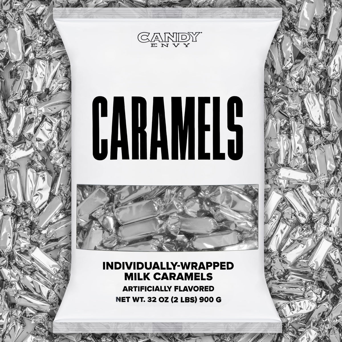 Candy Envy silver-wrapped caramels on a tray, gift-ready presentation
