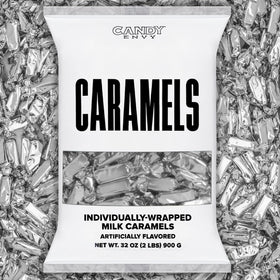 Candy Envy silver-wrapped caramels on a tray, gift-ready presentation