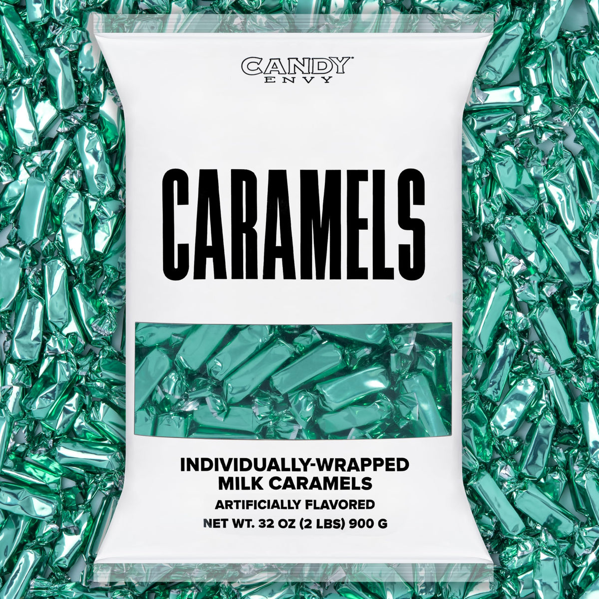 Candy Envy turquoise-wrapper caramels, ideal for gifts and candy jars.