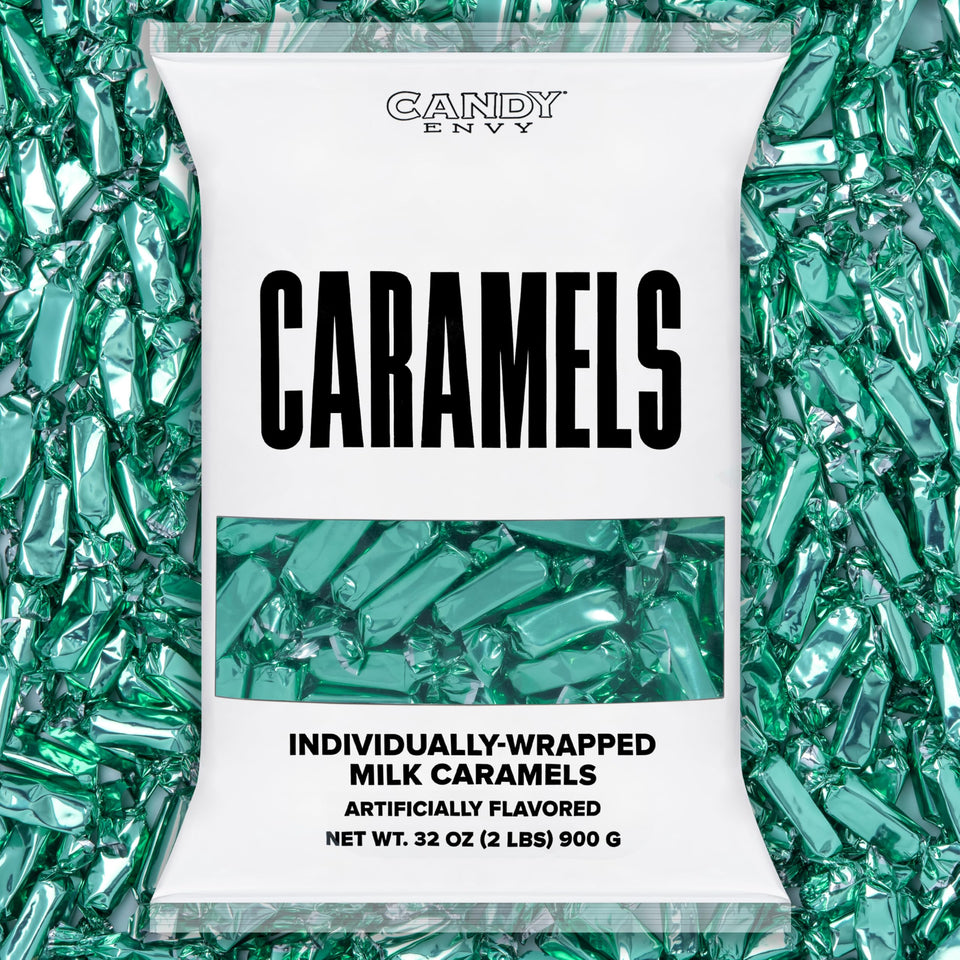 Candy Envy turquoise-wrapper caramels, ideal for gifts and candy jars.