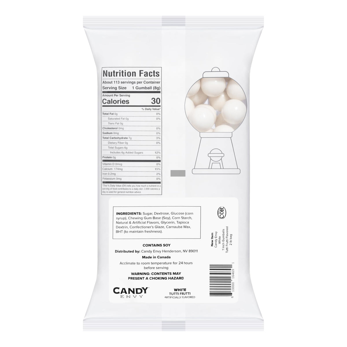 Candy Envy 1-inch white gumballs fit most machines and perform reliably