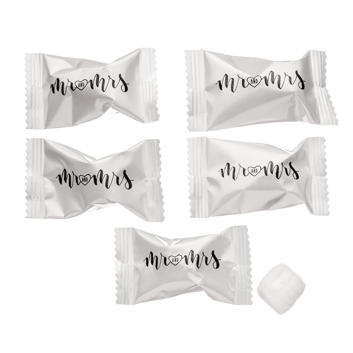 Candy Envy wedding favor packaging displayed at reception tables.