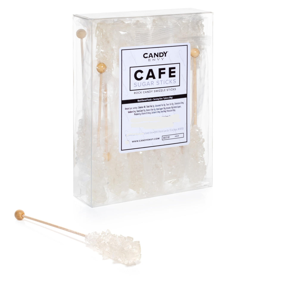 Candy Envy white cafe sugar sticks packaging shows individually wrapped sticks for easy coffee service.