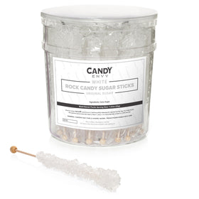 Candy Envy White Rock Candy in a reusable tub, ready for party favors.