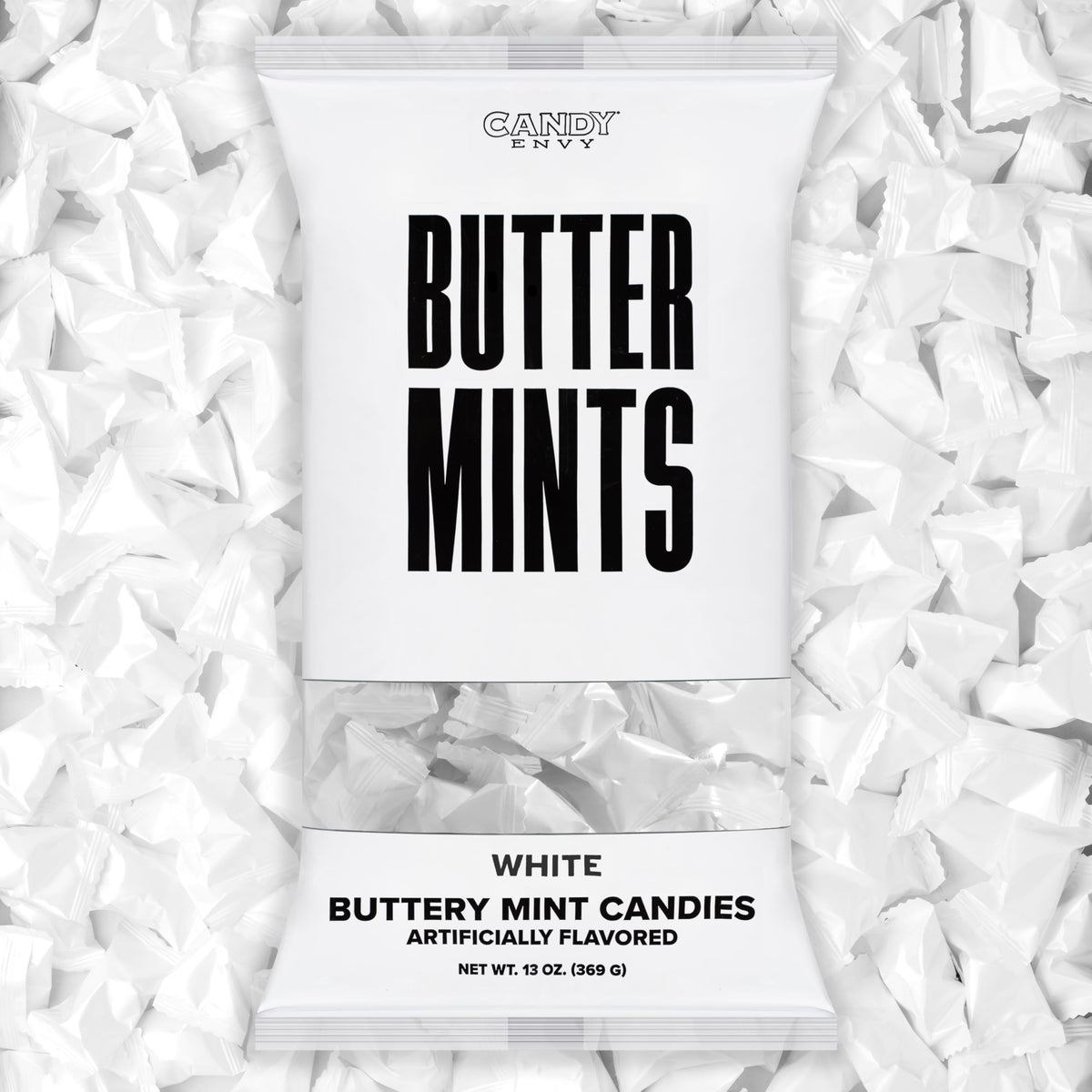 Candy Envy white wrapped buttermints in a 13 oz bag for easy sharing.