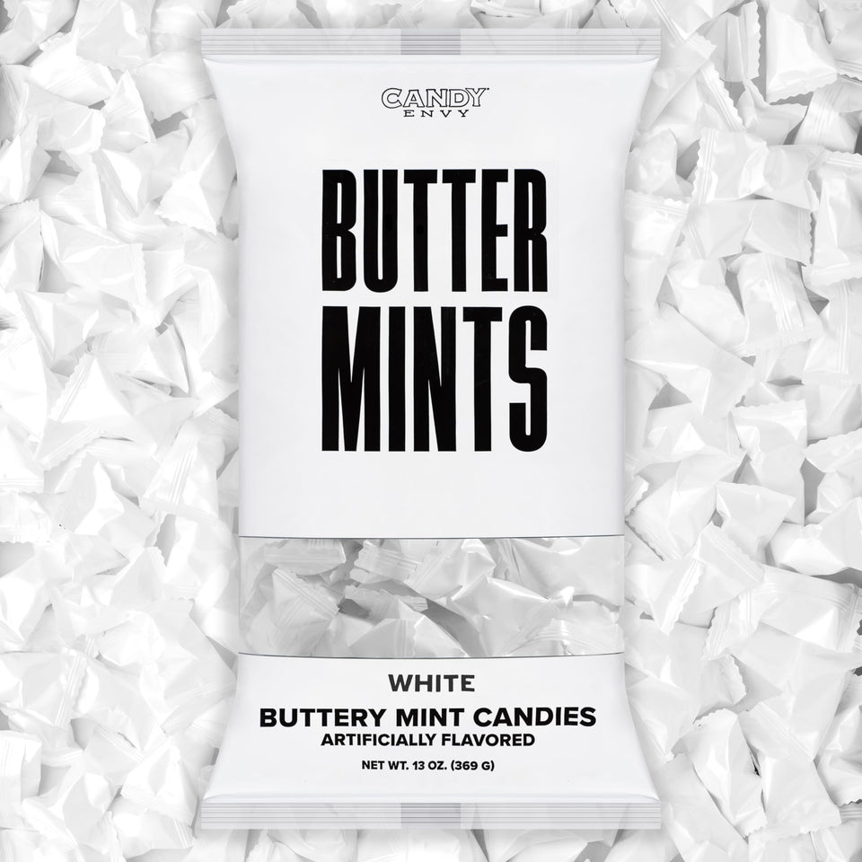 Candy Envy white wrapped buttermints in a 13 oz bag for easy sharing.
