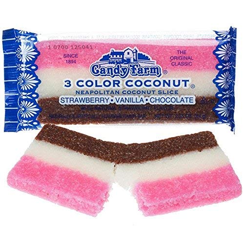 Candy Farm Neapolitan Coconut Slices bar, moist and chewy for nostalgic snacking.