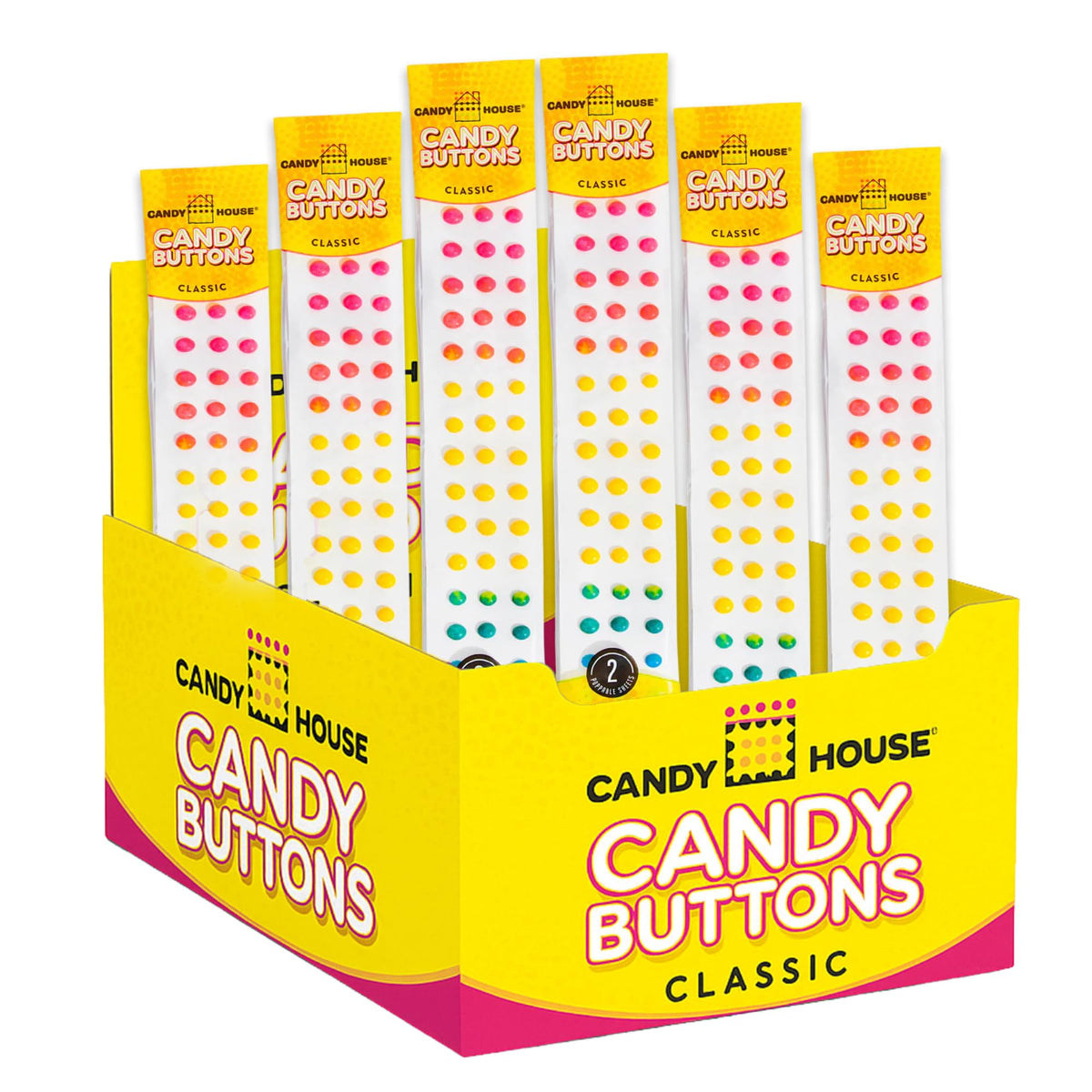 Candy House Candy Buttons on a paper strip with bright colors for nostalgic snacking