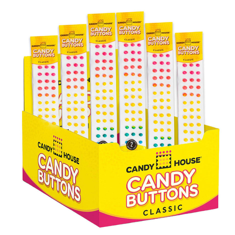 Candy House Candy Buttons on a paper strip with bright colors for nostalgic snacking