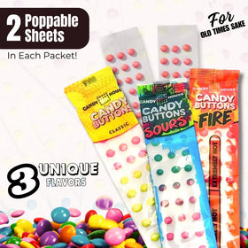 Candy House Candy Buttons peel and eat action shot, sample the rainbow colors.