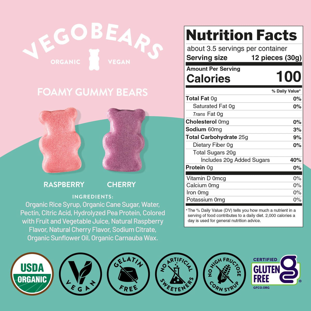 VegoBears Malibu gummies close up foamy texture with cherry and raspberry flavors