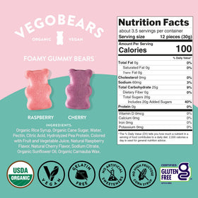 VegoBears Malibu gummies close up foamy texture with cherry and raspberry flavors