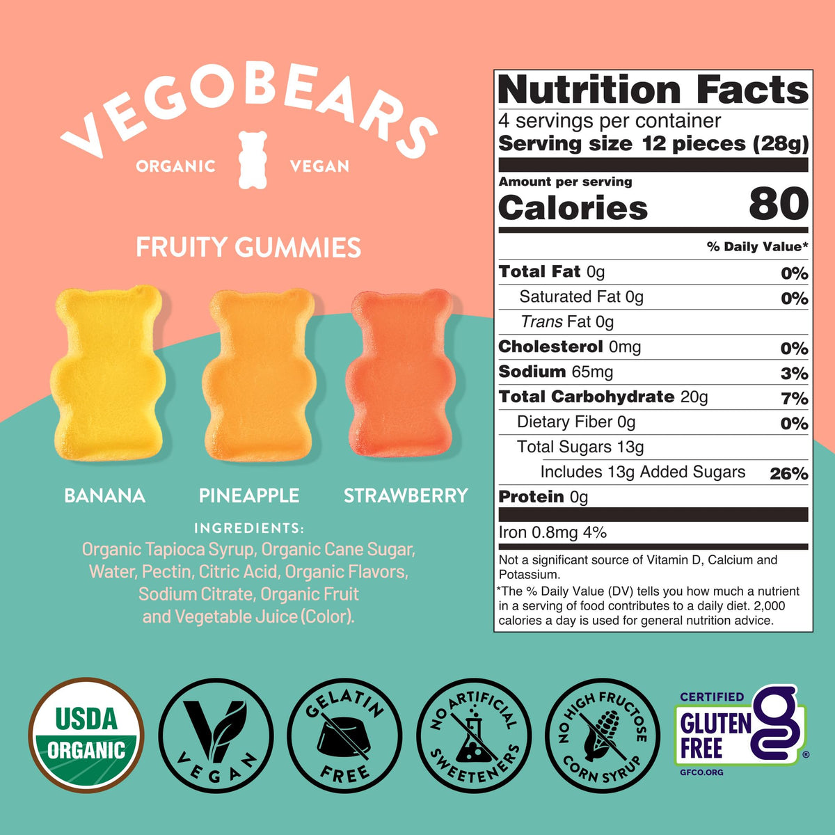 Close-up of Vegobears gummies in vibrant fruit flavors