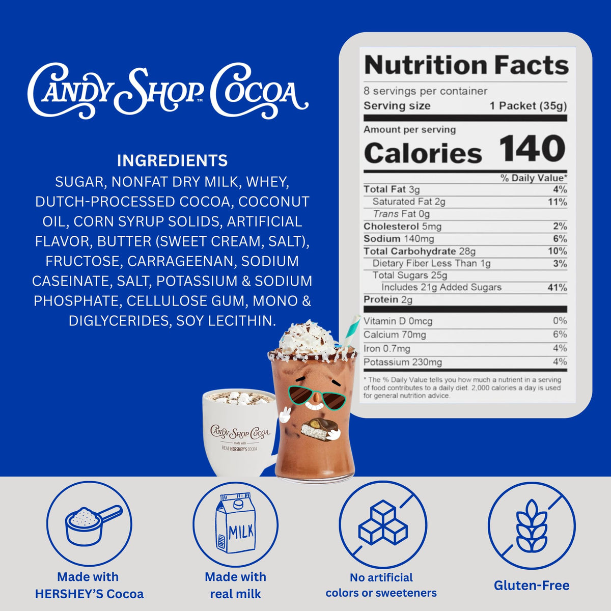Candy Shop Cocoa gluten-free kosher badge shows quality and inclusivity.