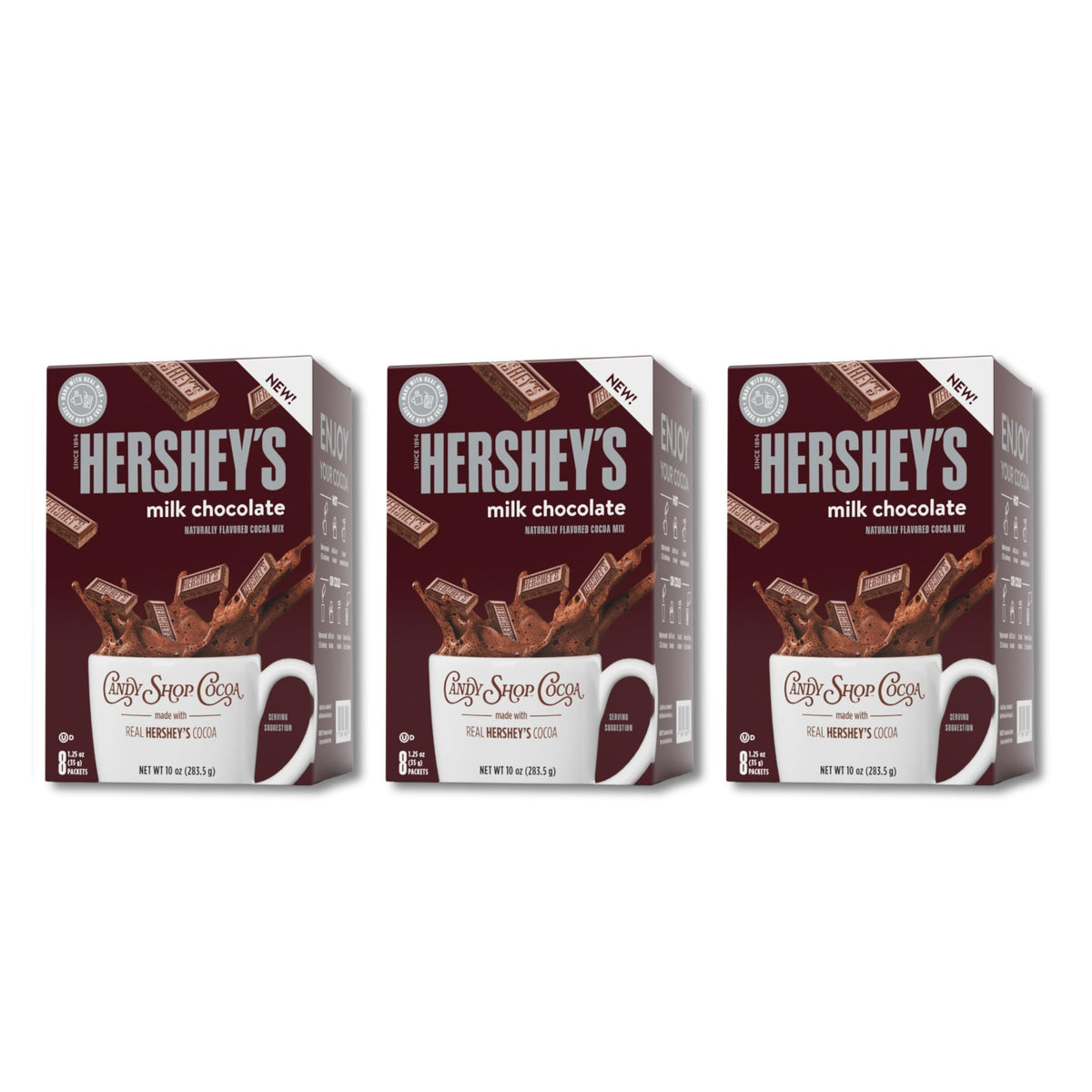 Candy Shop Cocoa Hershey's milk chocolate cocoa mix packaging shows gluten-free, kosher dairy quality.