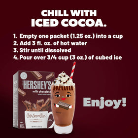 Candy Shop Cocoa iced cocoa glass with ice suggests refreshing cold treat.