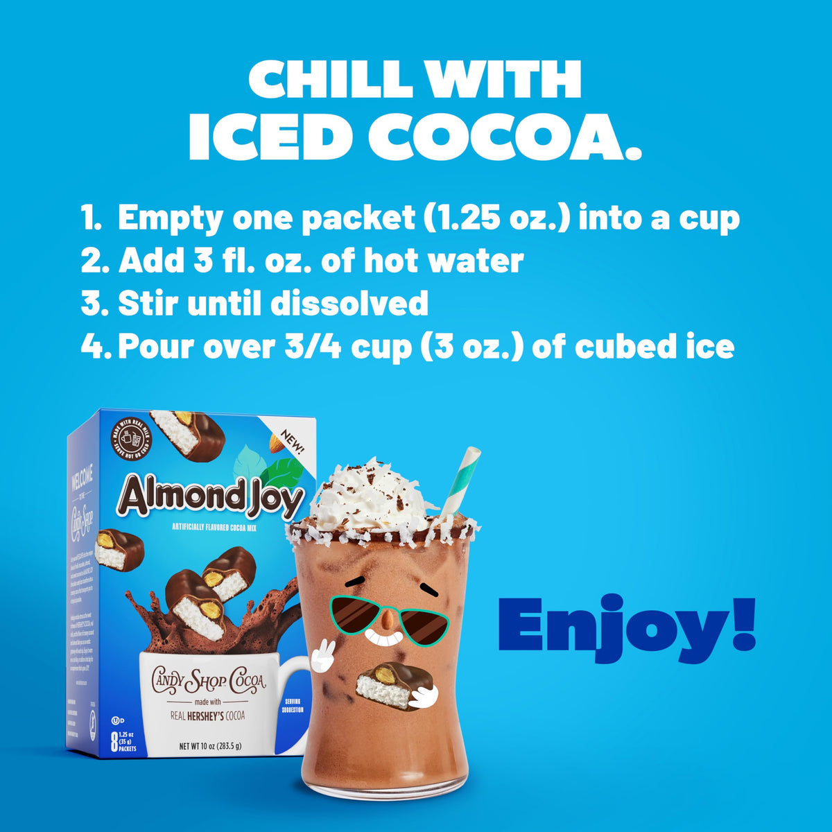 Candy Shop Cocoa Almond Joy iced cocoa in glass for refreshing treat.