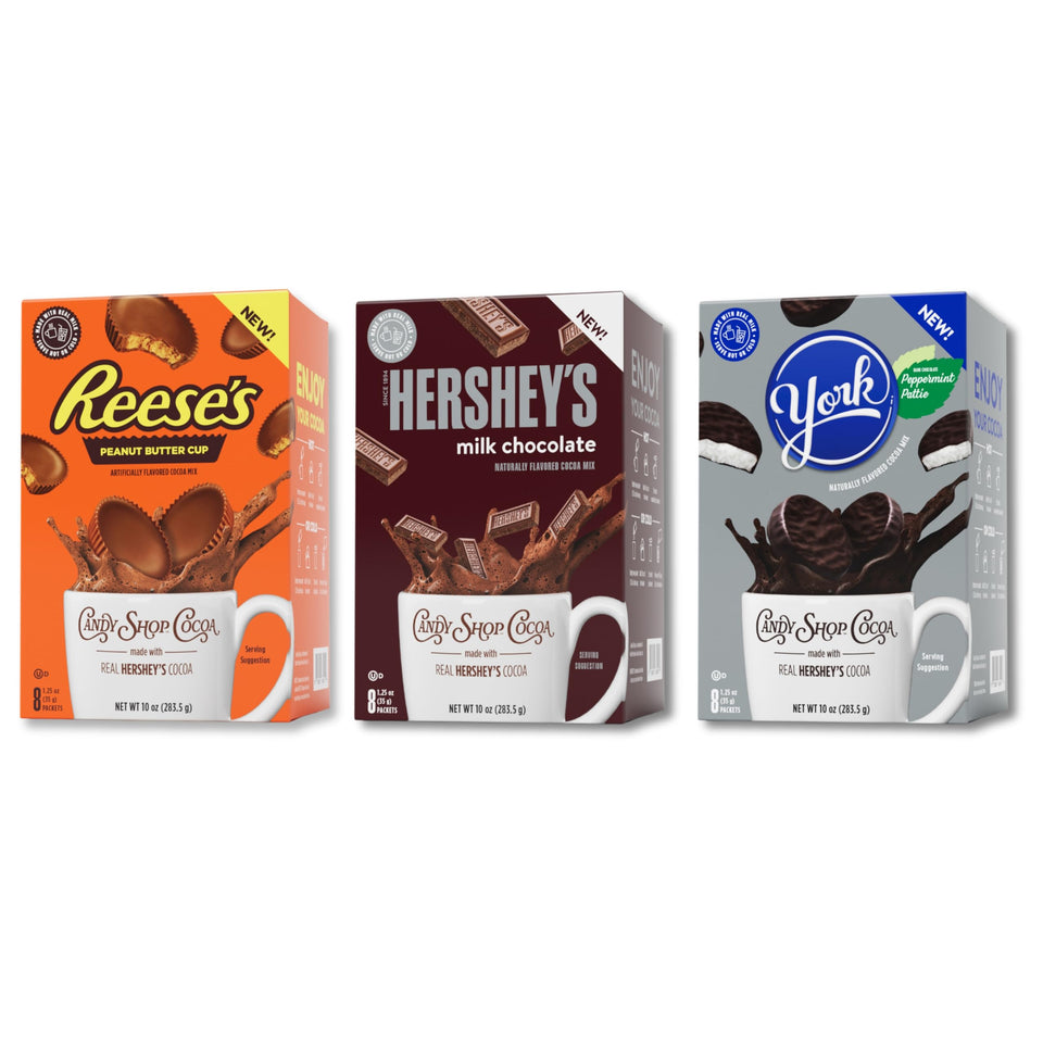Candy Shop Cocoa Mix Variety Pack packaging shows all flavors for convenient selection.