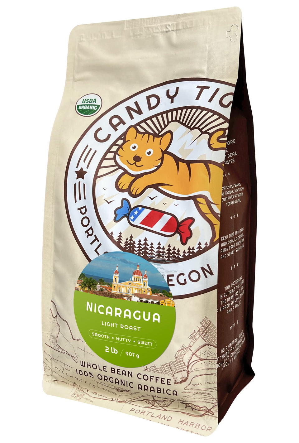 Candy Tiger Portland whole bean coffee showcases organic beans for a vibrant aroma.