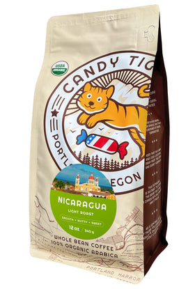 Candy Tiger whole bean coffee organic light roast aroma and freshness.