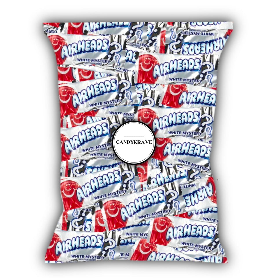 CandyKrave AirHeads Mini Bars White Mystery unwrapped, bright fruity bite-sized snack.