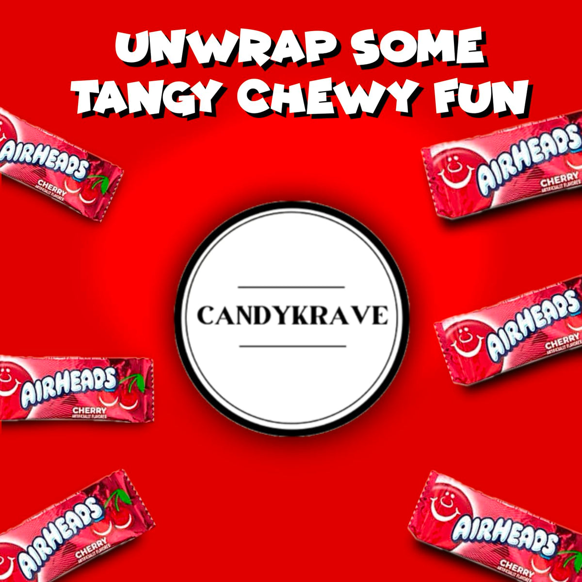 CandyKrave AirHeads Mini Bars cherry packaging colors spark celebration vibes.